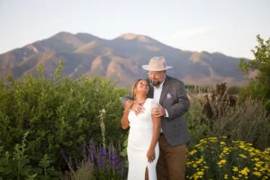 Wedding portrait of a happy couple at SpiriTaos in Taos