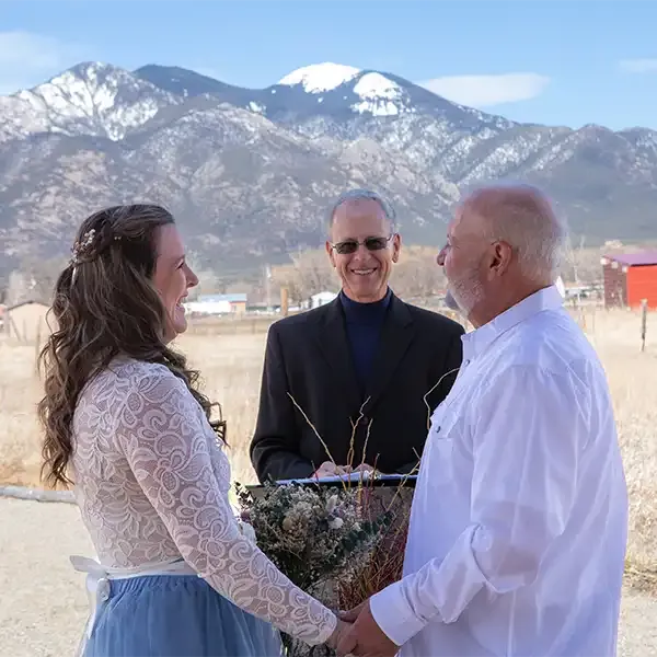 Taos Mountain forms a dramatic backdrop for this wedding at SpiriTaos