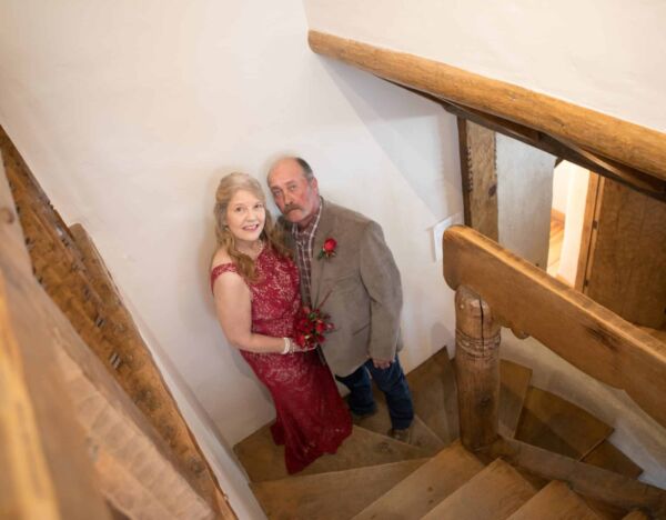 On the stairs in the Fechin House, Taos Art Museum