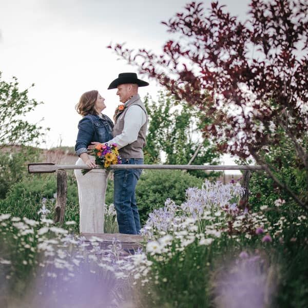 a wedding photo at SpiriTaos Gardens in Taos
