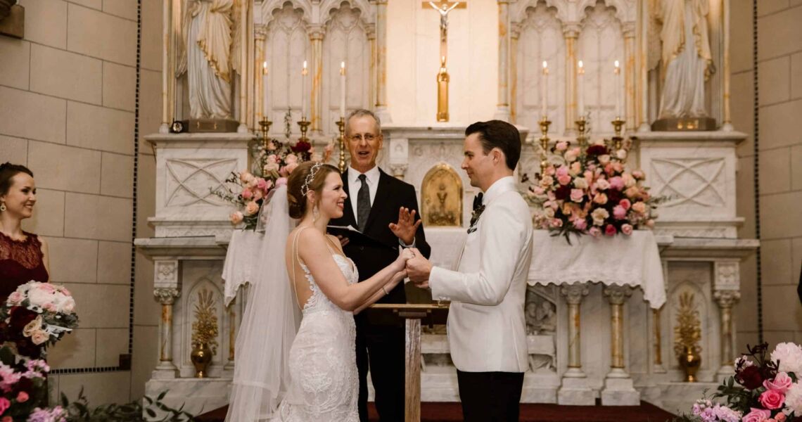 Formal wedding at Loretto Chapel, Santa Fe, New Mexico