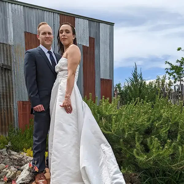 Couple poses for a portrait at SpiriTaos wedding venue in Taos