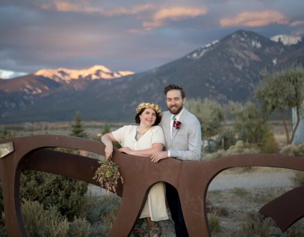 Sunset wedding portrait and Bareiss Gallery in Taos