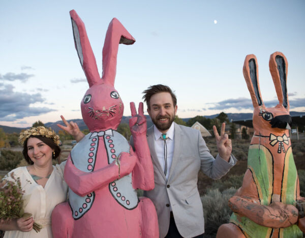 Whimsical wedding portrait and Bareiss Gallery in Taos