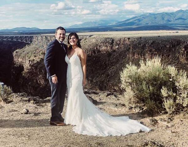 A wedding photo taken at the Rio Grande Gorge Bridge Overlook