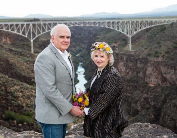 A wedding photo taken at the Rio Grande Gorge Bridge Overlook