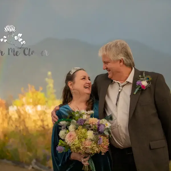 Dramatic evening light shines on this newly married couple